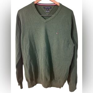 Tommy Hilfiger Sweater Vneck Men Solid Size Large Green Cotton Preppy Classic